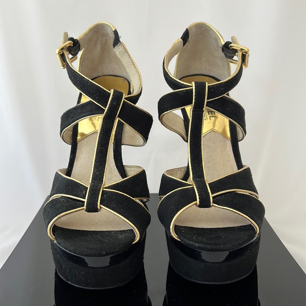 Michael Kors Black Suede Leather Platform Strappy High Heeels Sandals. Size 6.